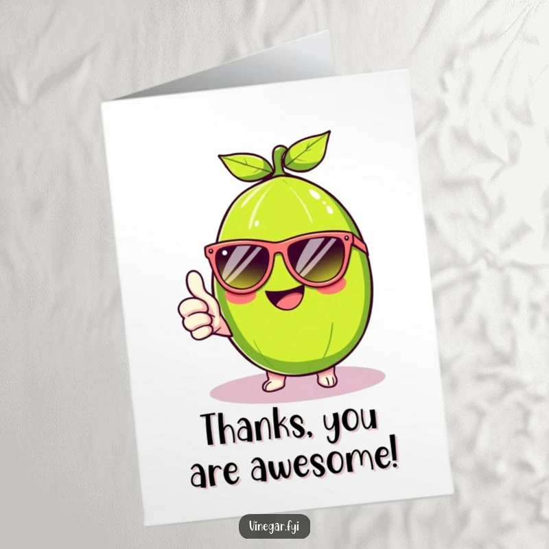 Funny Free Printable Thank You Card: A beaming Kawaii lime in oversized sunglasses gives a cool thumbs up, expressing thanks.