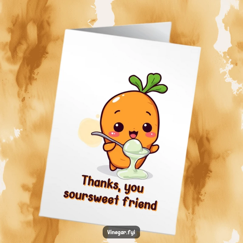 Funny Free Printable Thank You Card: Kawaii carrot puckering its face while tasting vinegar, a unique way to say thanks.