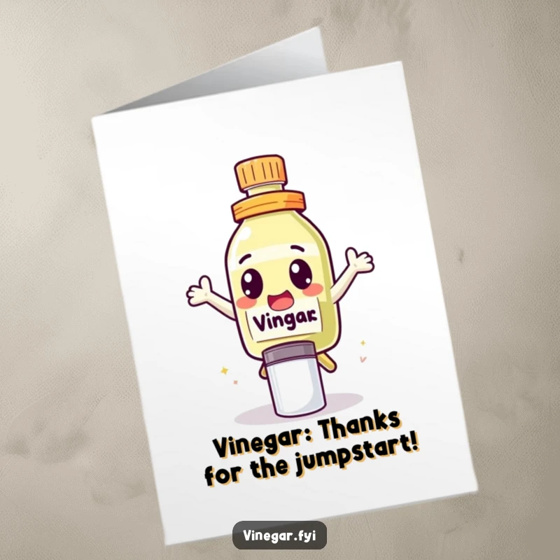 Funny Free Printable Leaping Vinegar Thank You Card, a cute vinegar bottle character leaping over a salt shaker to express thanks.