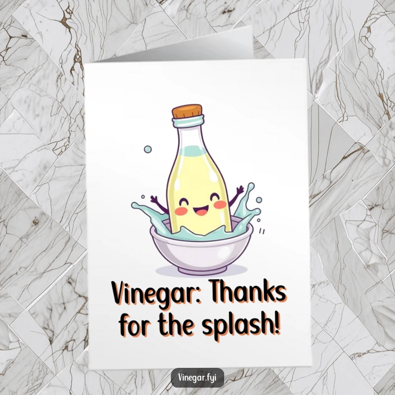 Funny Free Printable Splashing Vinegar Thank You Card, a happy vinegar bottle character splashing happily into a mini-dish to say thanks.