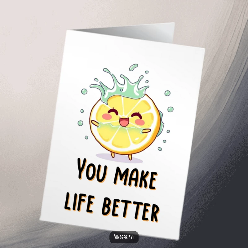 Funny free printable thank you card with a happy lemon slice character playfully splashing vinegar to express zesty gratitude.