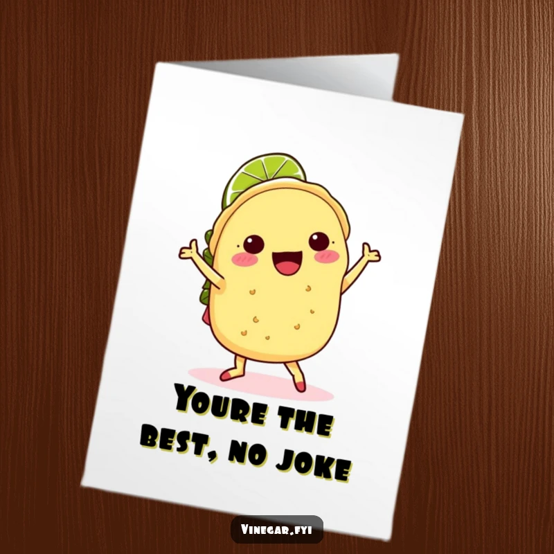Funny Free Printable thank you card: A kawaii taco sporting a lime hat, dancing joyfully to express heartfelt thanks.