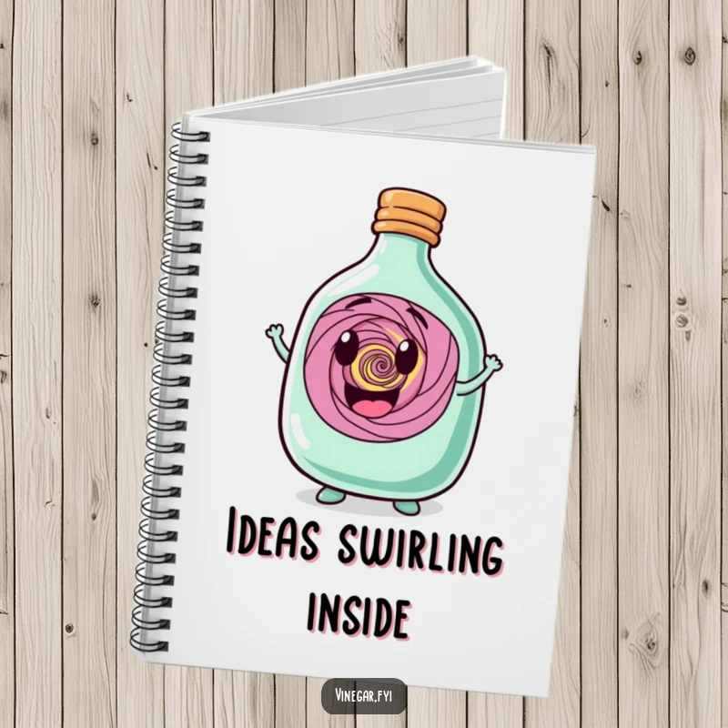 Funny squat bottle character, happy and holding a swirling vortex within, ideal for a whimsical and inspiring notebook cover.