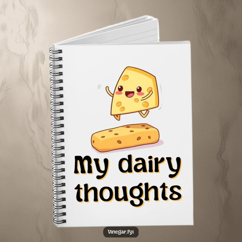 Funny cheese wedge notebook with a cheerful wedge playing leapfrog over a cracker, inspiring playful notes and ideas.