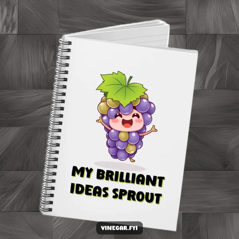 Funny grape bunch wearing a leaf hat, dancing energetically, adorning the cover of a practical and humorous notebook.