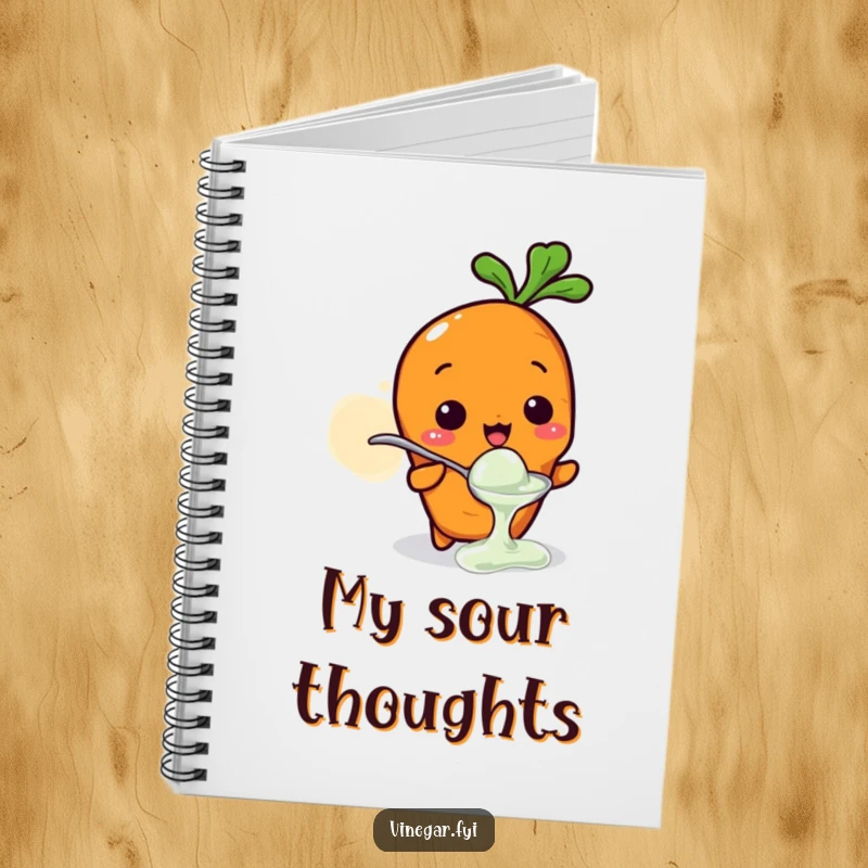 Funny notebook with a Kawaii carrot character tasting vinegar from a small spoon, showing a puckered sour face, perfect for journaling.