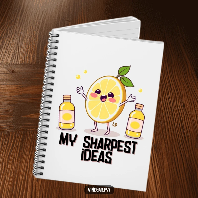 Funny Kawaii lemon slice, juggling vinegar bottles with delight, inspires creativity in this humorous and practical notebook. Citrus notes.