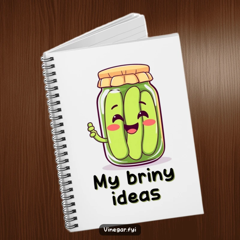 Funny notebook featuring a smiling Kawaii pickle jar character offering a pickle, perfect for notes and doodles, encouraging creativity.