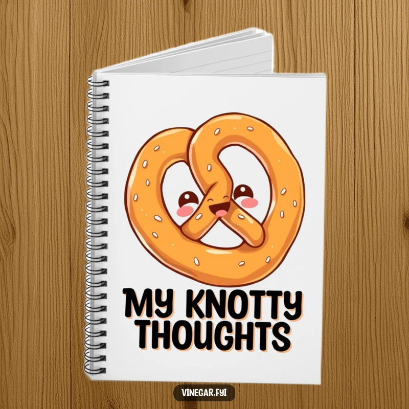 Funny notebook with a kawaii pretzel twisting playfully, perfect for jotting down salty ideas and plans.