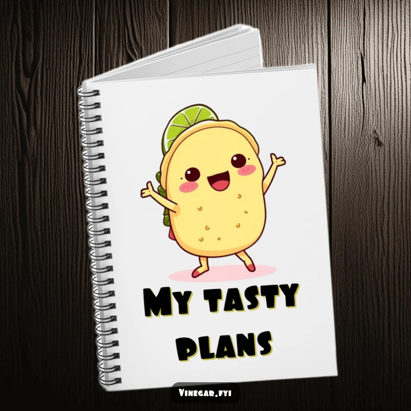Funny kawaii taco doing a joyful jig with a lime slice hat, on the cover of a funny notebook, perfect for jotting notes.