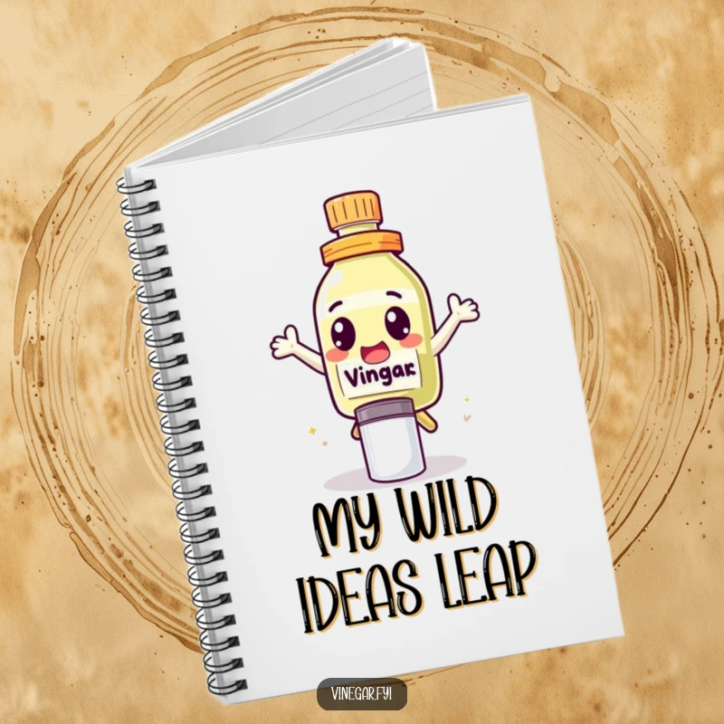 Funny Notebook featuring a cute vinegar bottle character with excited eyes, leaping over a salt shaker, inspiring energetic note-taking.