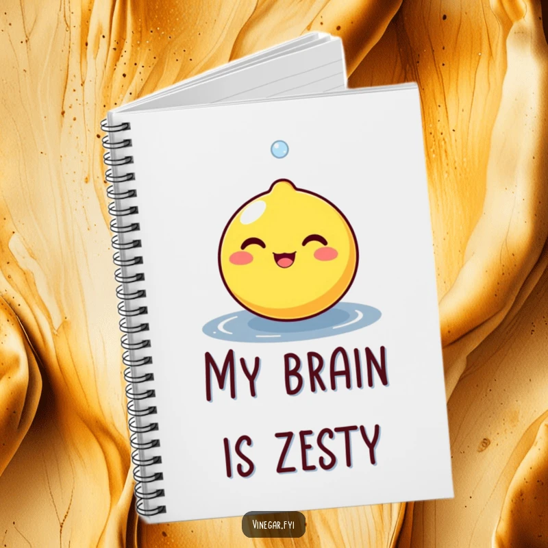 Funny round lemon character beaming as a tiny droplet bounces off its surface, ideal for a cheerful and inspiring notebook cover.