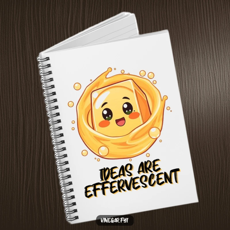 Funny round orange juice box character with excited eyes spinning in bubbly liquid, adorning a notebook for capturing bright ideas.