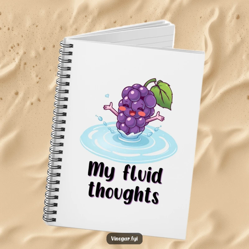 Funny notebook cover with a blushing purple grape with tiny arms excitedly splashing into translucent fluid.