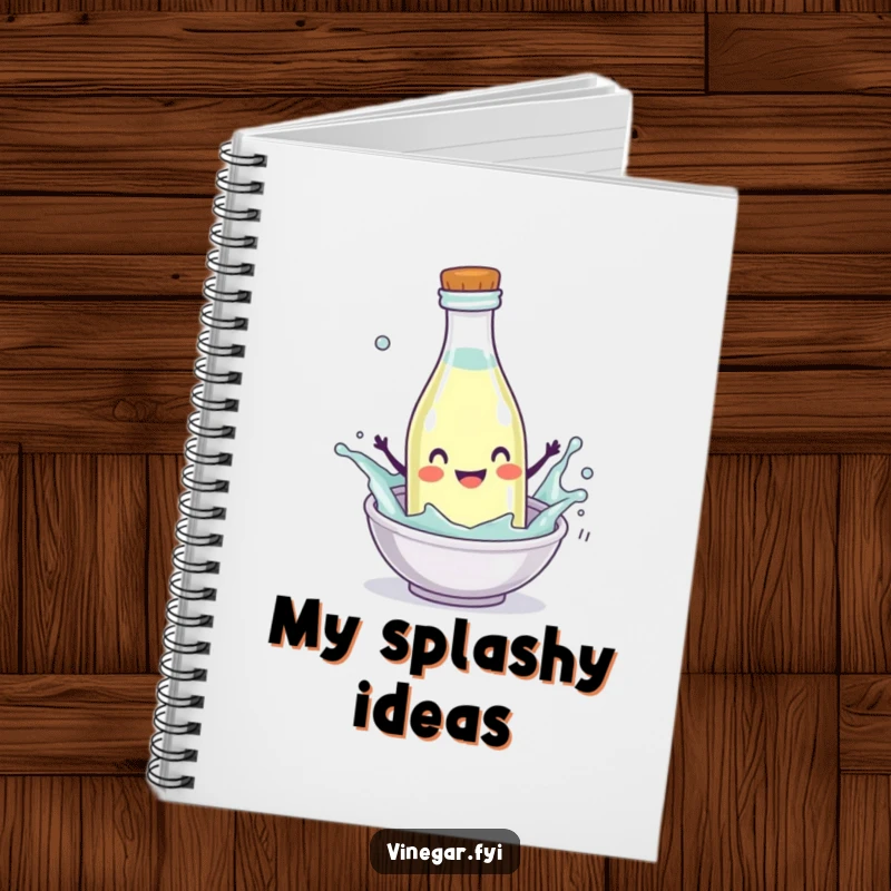 Funny Notebook featuring a happy vinegar bottle character splashing enthusiastically into a mini-dish, inspiring joyful and energetic note-taking.