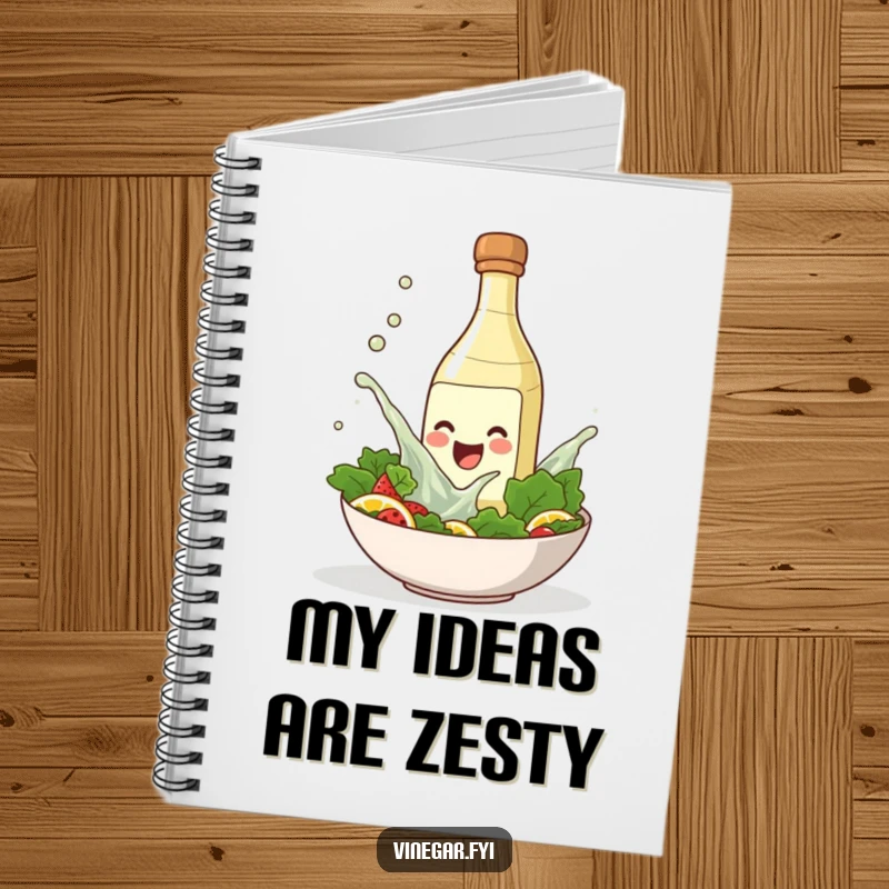 Funny notebook with a smiling vinegar bottle splashing into a salad bowl, perfect for recipes or daily notes.