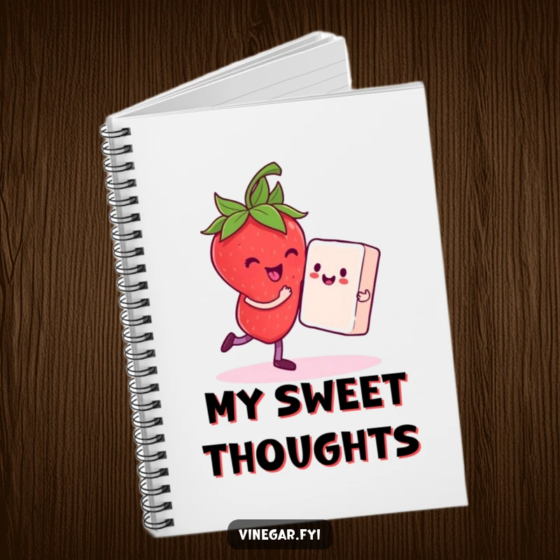 Funny notebook featuring a delighted strawberry dancing with a sugar cube partner, perfect for jotting down notes and sweet thoughts.