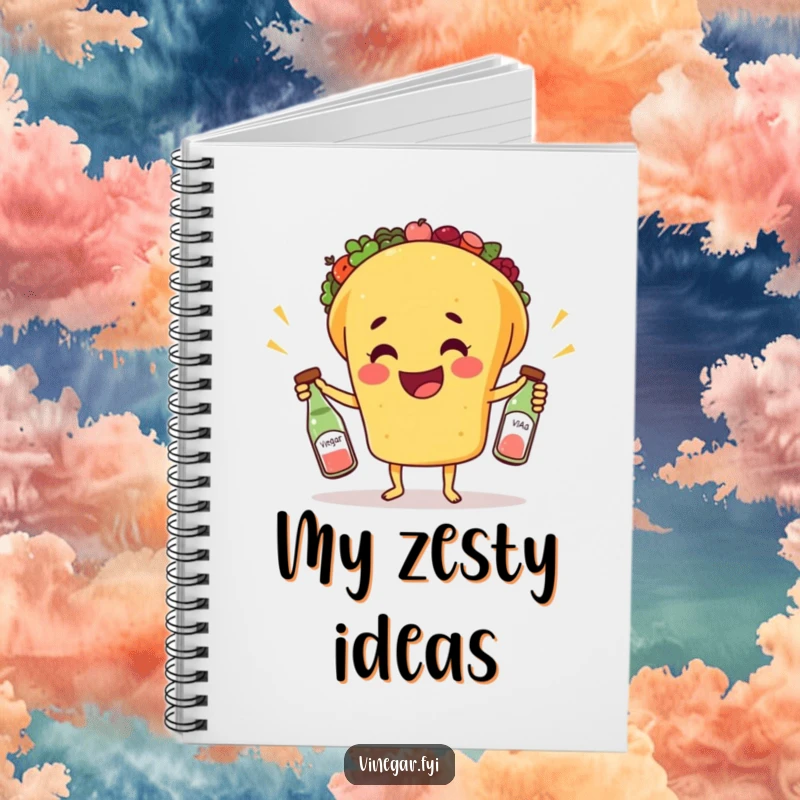 Funny notebook with a happy taco juggling vinegar bottles, providing a humorous cover for all your recipes and bright ideas.