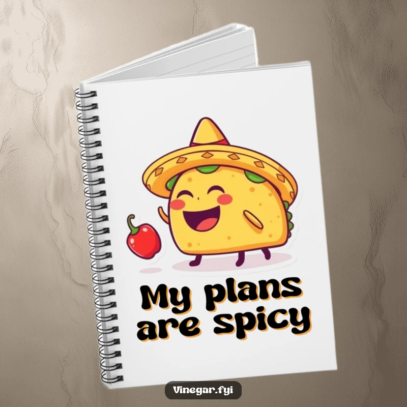 Funny laughing taco with a sombrero balancing a chili pepper on its head, on a notebook for humorous writing.