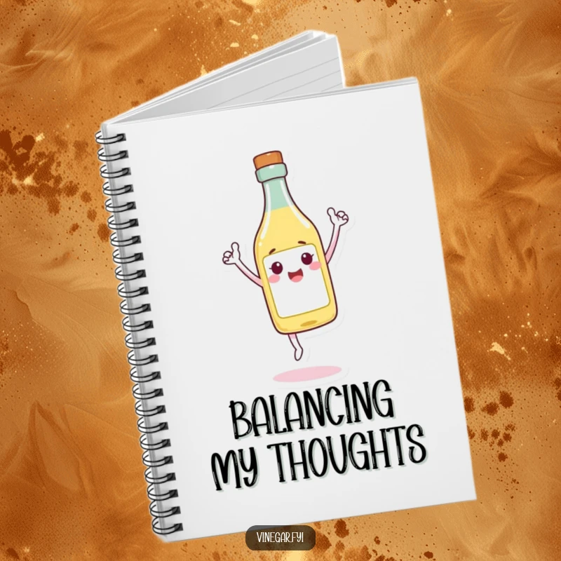 Funny Notebook featuring a cheerful vinegar bottle character balancing on its tip, inspiring balanced and triumphant note-taking.