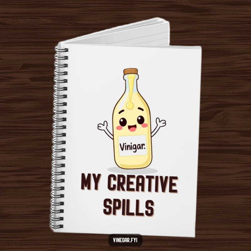 Funny notebook featuring a cheerful vinegar bottle pouring itself onto a blank canvas, perfect for sketching ideas humorously.