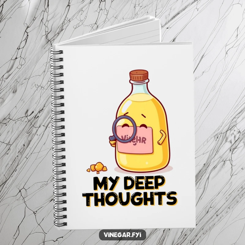 Funny notebook featuring a curious vinegar bottle examining a crumb with a magnifying glass, perfect for documenting thoughts humorously.