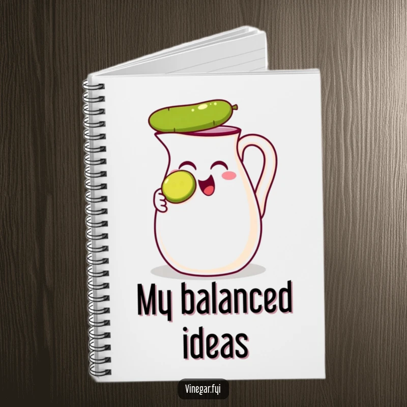 Funny notebook featuring a thrilled vinegar jug balancing a pickle slice on its nose, perfect for jotting down notes humorously.