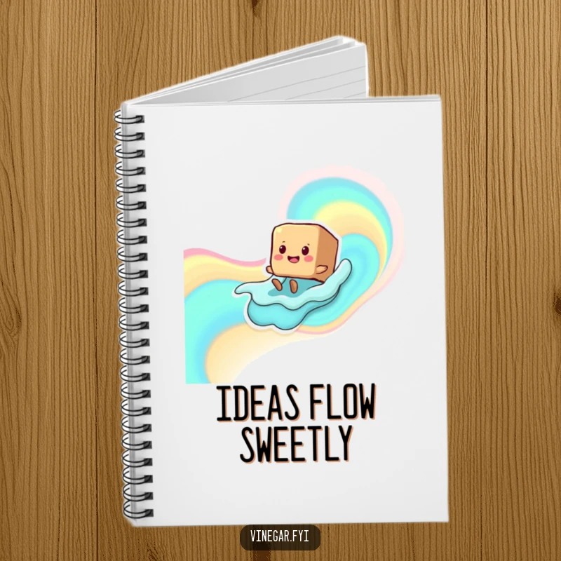 Funny smiling brown sugar cube character with tiny legs sliding down a liquid wave, adorning a notebook for bright ideas.