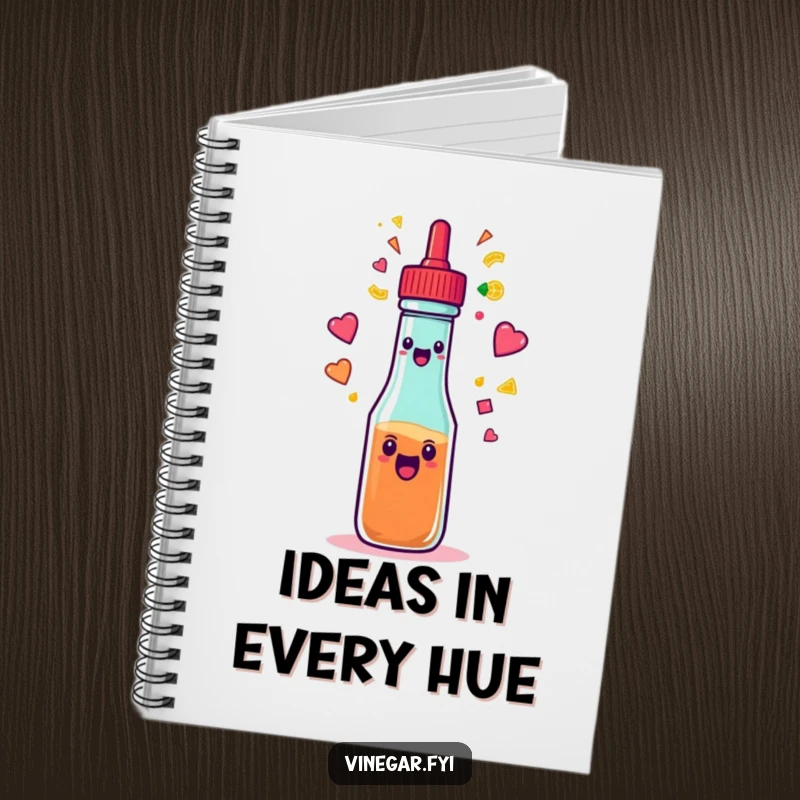 Funny excited condiment squeeze bottle spraying a rainbow of colorful shapes on a notebook, for humorous and creative writing.