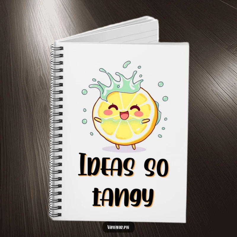 Funny happy lemon slice character playfully splashing vinegar on a lined notebook, perfect funny gift.