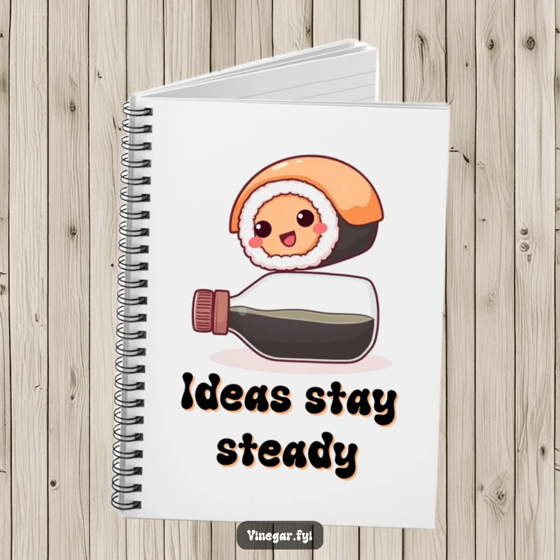 Funny notebook: A happy, round sushi roll balances precariously on a vinegar bottle, perfect for jotting down witty ideas and foodie thoughts.