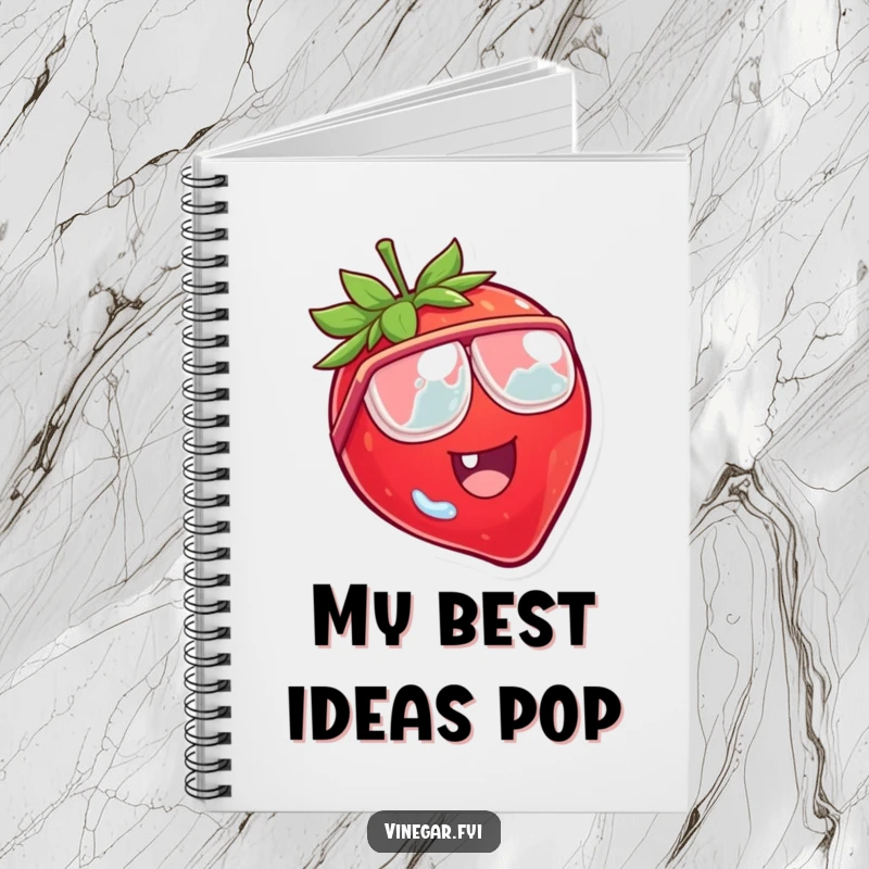 Funny notebook cover featuring a laughing strawberry character wearing tiny vinegar goggles, looking surprised.