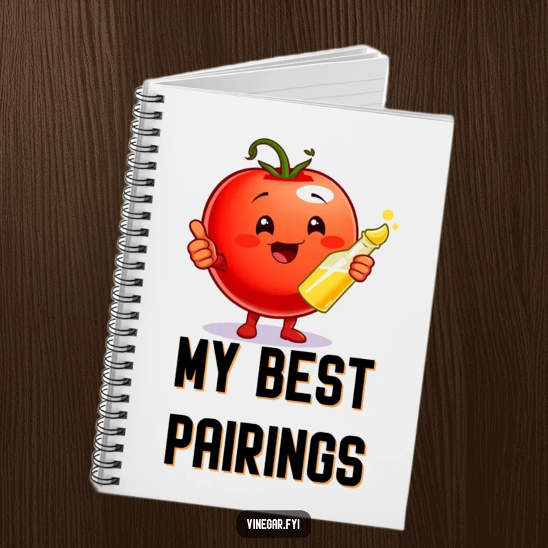 Funny Notebook featuring a playful cherry tomato giving a thumbs up and holding a vinegar cruet, perfect for jotting down culinary notes and ideas.