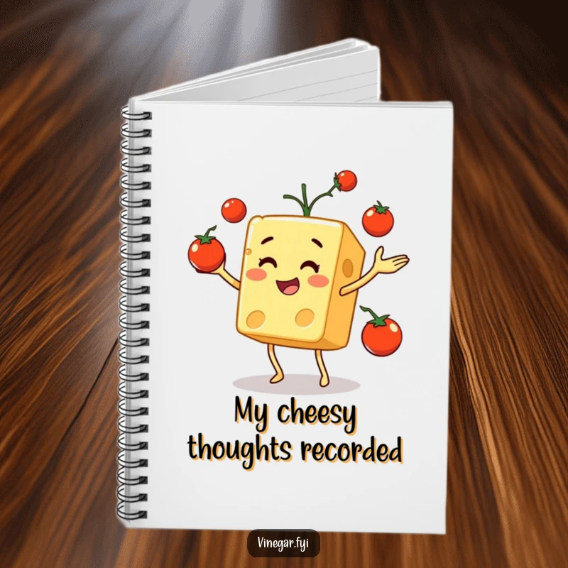 Funny notebook with a cheerful cheese cube juggling cherry tomatoes, ideal for capturing thoughts and doodles.