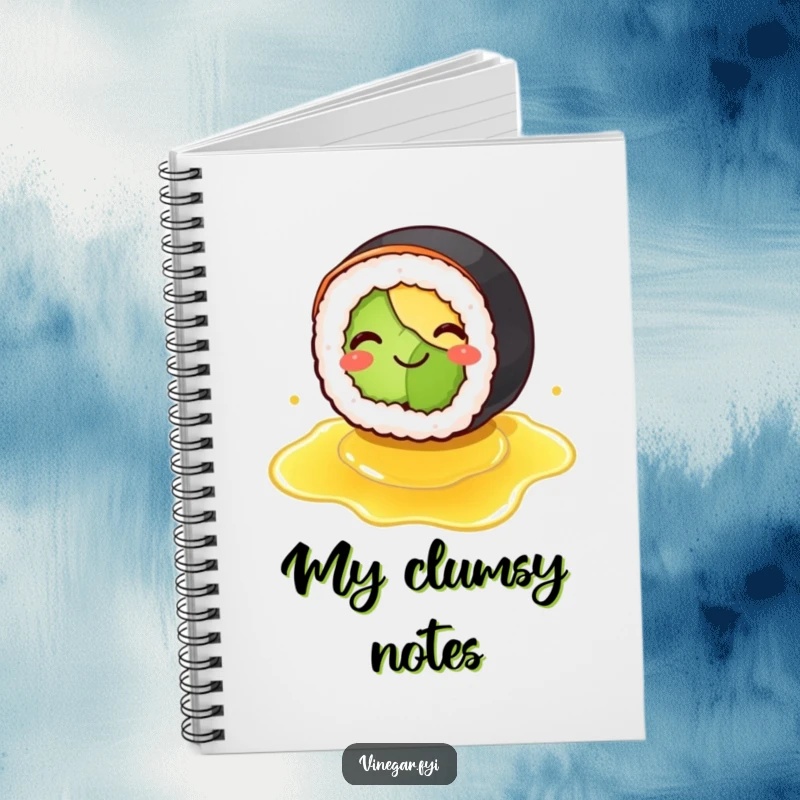 Funny notebook with a smiling sushi roll comically slipping on spilled vinegar, providing a humorous cover for all your notes and ideas.