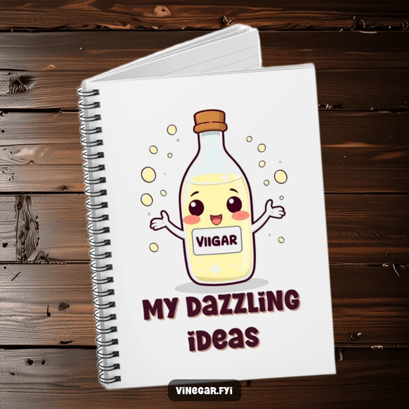 Funny Notebook featuring a playful vinegar bottle character juggling tiny, sparkling droplets, inspiring creative and fun note-taking.