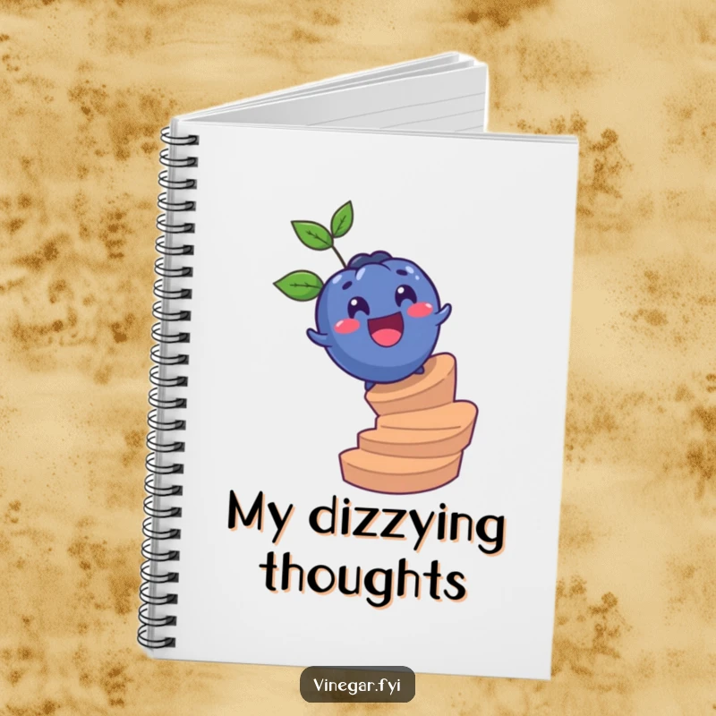 Funny notebook featuring a surprised blueberry rolling down a spiral staircase, ideal for jotting down notes, ideas, or daily thoughts.