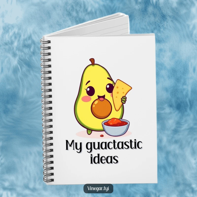 Funny notebook featuring an amused avocado dipping a tortilla chip into salsa, ideal for jotting down recipes or snack cravings.