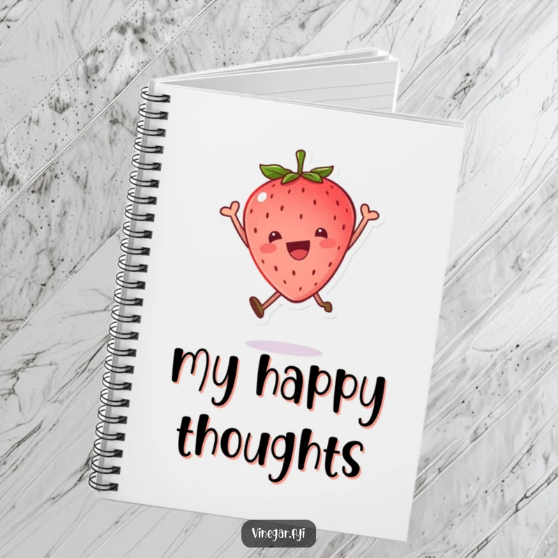 Funny notebook with a kawaii strawberry leaping joyfully, leaf tilted, perfect for jotting down happy thoughts and plans.