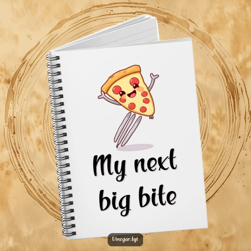 Funny smiling pizza slice leaping over a giant fork, featured on the cover of a notebook.