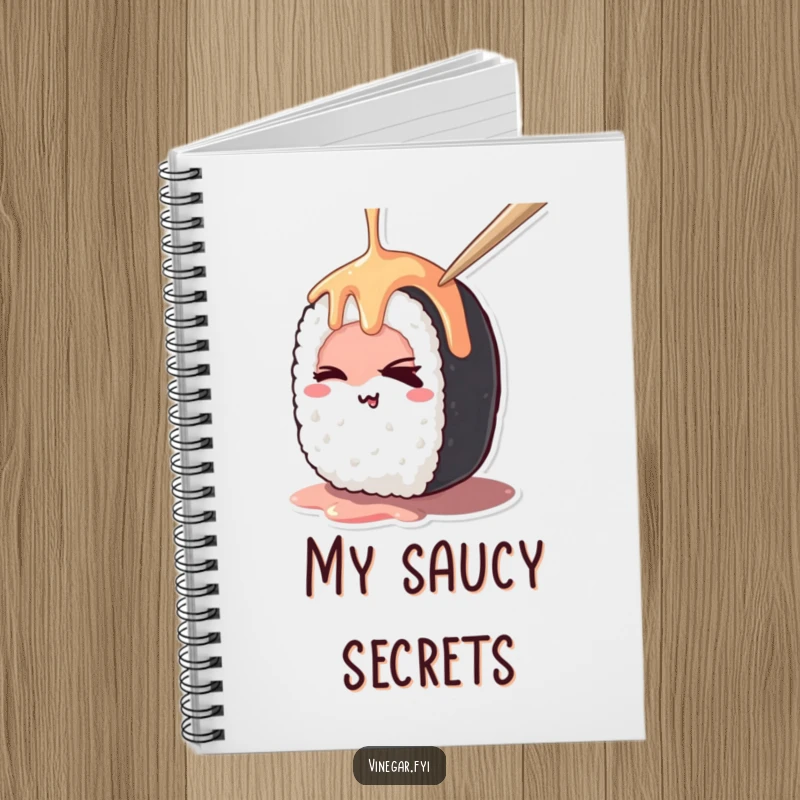 Funny kawaii sushi roll mischievously winking while being drizzled, on the cover of a funny notebook, perfect for jotting notes.