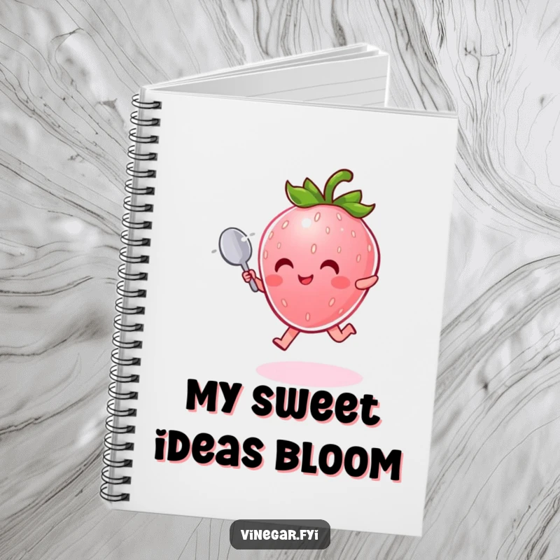Funny Notebook: Radiant pink strawberry character with a tiny spoon joyfully leaps through shimmering mist, ready for notes.