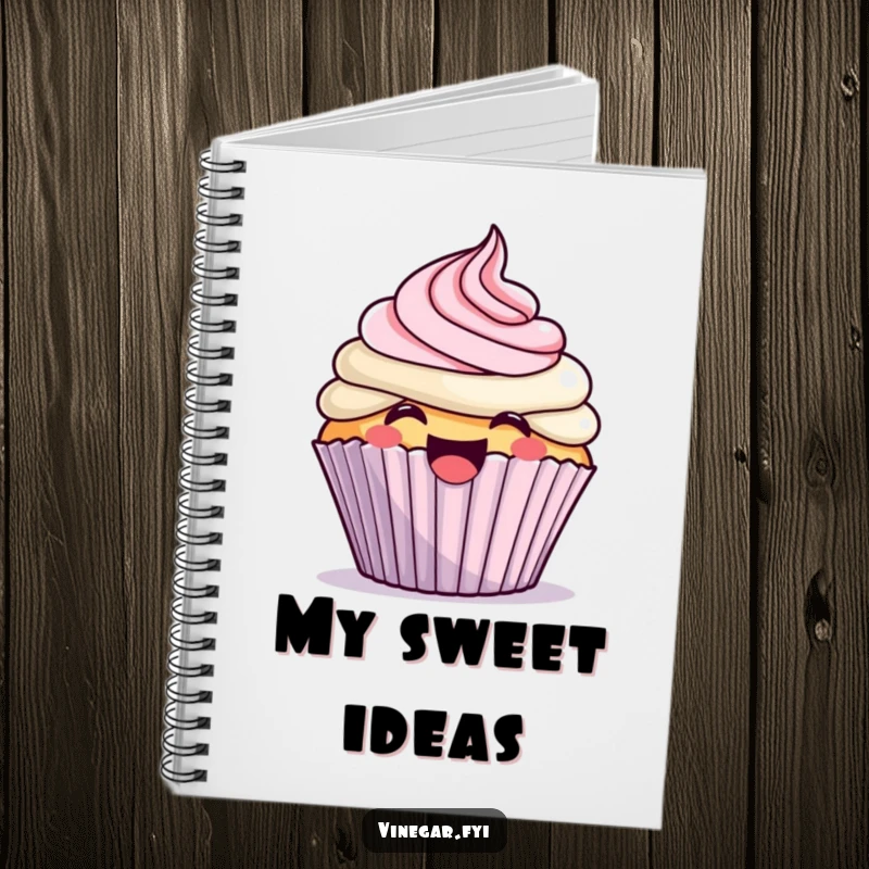 Funny kawaii cupcake excitedly frosting itself with a giggle, on the cover of a funny notebook, perfect for jotting notes.