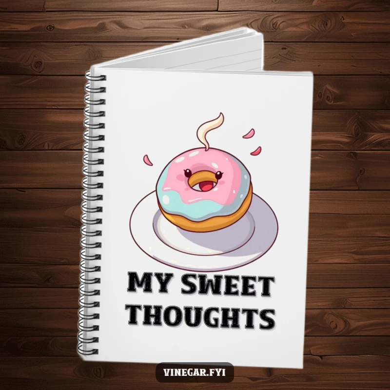 Funny donut notebook with a joyful spinning donut and flying frosting, inspiring sweet notes and creative ideas.
