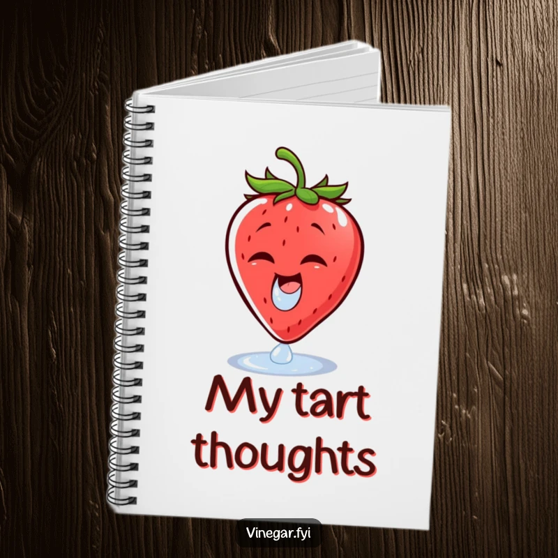 Funny notebook with a cheerful strawberry wincing at a vinegar droplet, providing a humorous cover for all your notes and ideas.