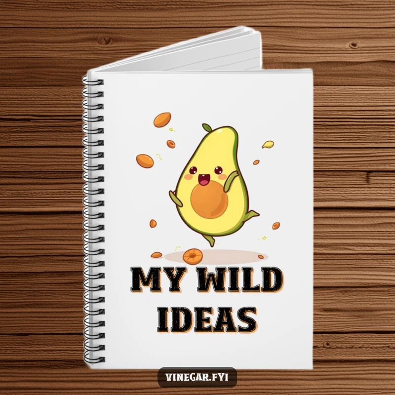 Funny notebook with a kawaii avocado cartwheeling, pits flying, ideal for jotting down funny thoughts and creative ideas.