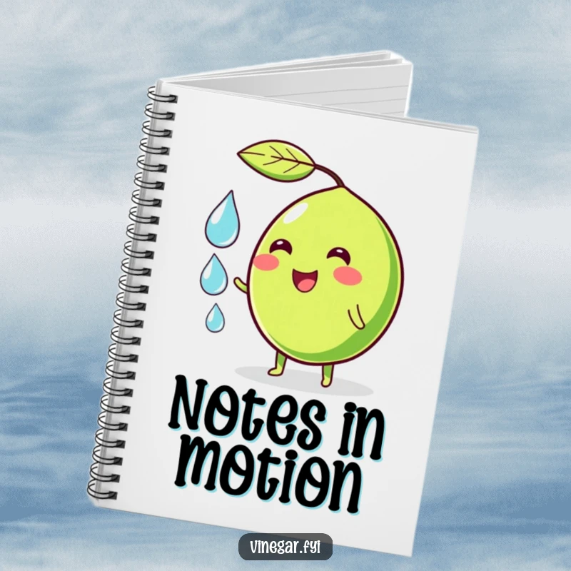 Funny notebook cover featuring a wobbly green lime character smiling and juggling droplets, inspiring creativity with humor.