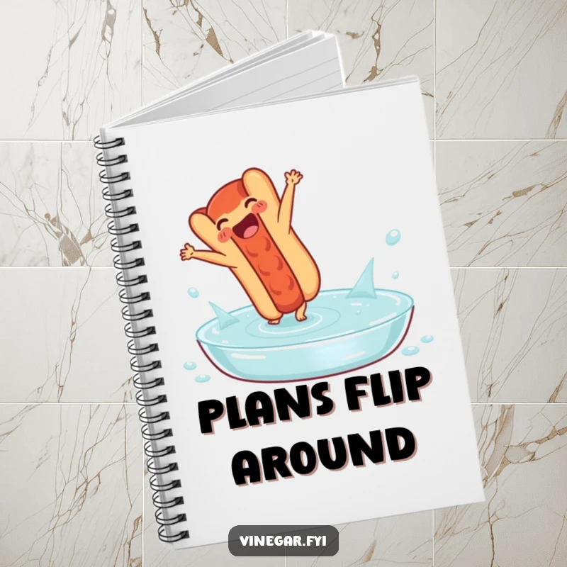 Funny notebook: A delighted hot dog performs a cartwheel in a pool of vinegar, perfect for jotting down witty ideas and foodie thoughts.