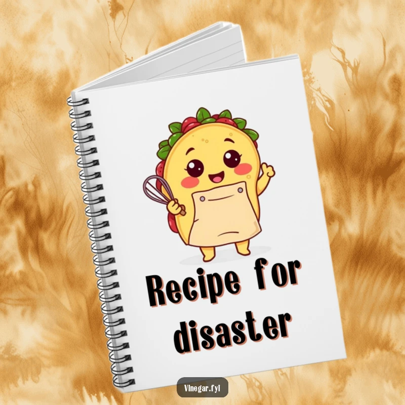 Funny Kawaii taco, apron tied, whisking batter with gusto, inspires recipe writing in this humorous and practical notebook. Kitchen journal.