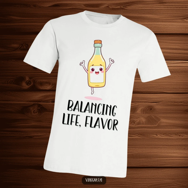 Funny T-Shirt showing a cheerful vinegar bottle character balancing perfectly on its tip, exuding triumph and confidence.